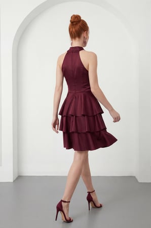 Kadın Bordo Halter Yaka Saten Mini Mezuniyet Abiye Elbise