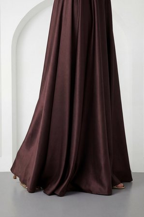 Kadın Kahverengi Kayık Yaka Taşlı Uzun Söz Nişan Nikah Abiye Elbise