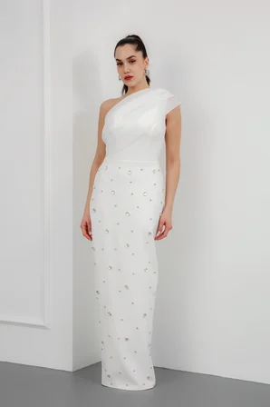 Kadın Beyaz Dar Kalıp Tek Omuz Taşlı Söz Nişan Nikah Abiye Elbise