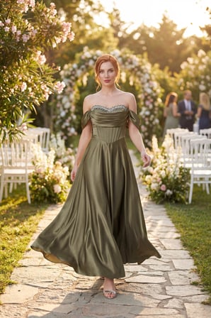 Kadın Haki Kayık Yaka Taşlı Uzun Söz Nişan Nikah Abiye Elbise