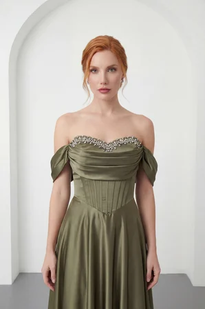 Kadın Haki Kayık Yaka Taşlı Uzun Söz Nişan Nikah Abiye Elbise