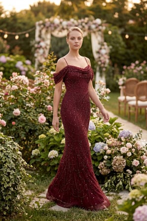 Kadın Bordo İnce Askılı Boncuklu Uzun Söz Nişan Abiye Elbise