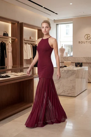 Kadın Bordo Halter Yaka Uzun Mezuniyet Elbisesi