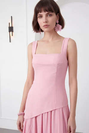 Kadın Pembe Kare Yaka Yırtmaçlı  Uzun Davet Elbisesi