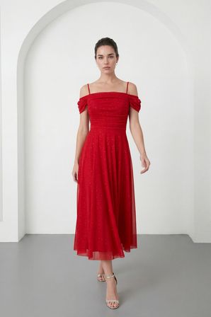 Kadın Kırmızı İnce Askılı Simli Midi Söz Nişan Nikah Abiye Elbise