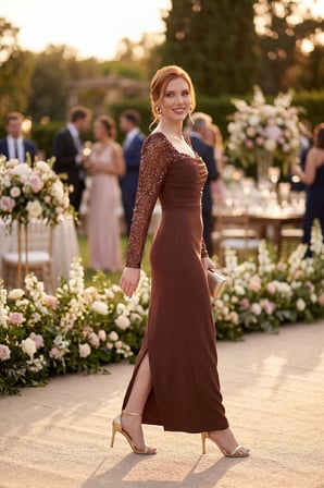 Kadın Kahverengi Dar Kalıp Kalp Yaka Kolları Payetli Söz Nişan Nikah Abiye