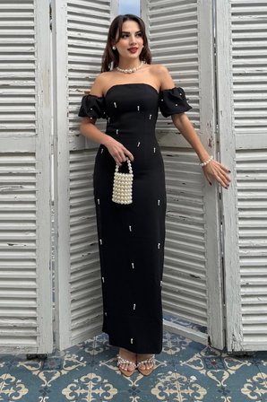 Kadın Siyah Straplez Yaka İnci İşlemeli Uzun Söz Nişan Nikah Elbise