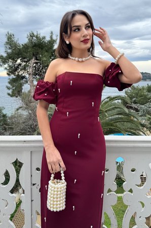 Kadın Bordo Straplez Yaka İnci İşlemeli Uzun Söz Nişan Nikah Elbise