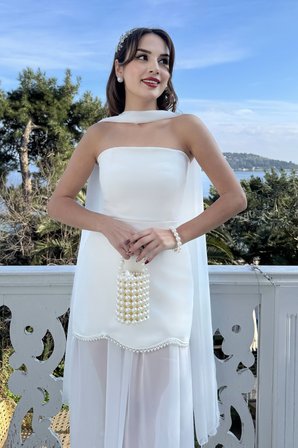 Kadın Beyaz Straplez Şal Yaka Mini Elbise