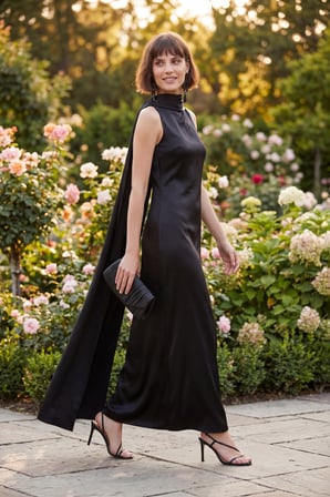 Kadın Siyah Kuşaklı Saten Söz Nişan Nikah Abiye Elbise