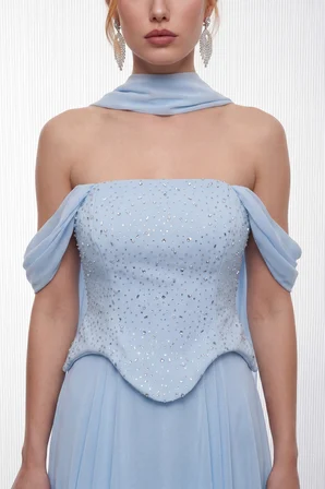 Kadın Bebe Mavi Şal Yaka Peplum Detay Uzun Şifon Abiye Elbise