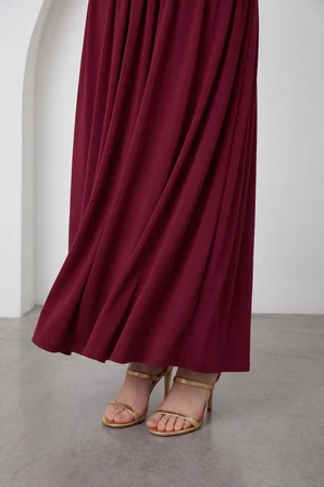 Kadın Bordo Bisiklet Yaka Pileli Midi Örme Davet Elbisesi