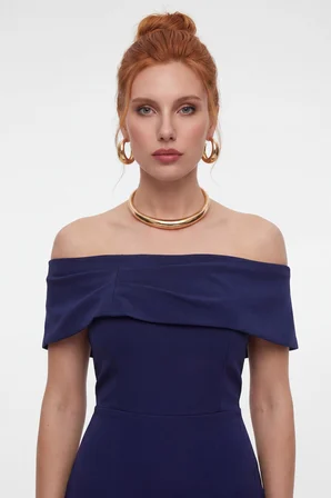 Kadın Lacivert Kayık Yaka Yırtmaçlı Söz Nişan Nikah Abiye Elbise