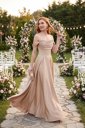 Kadın Bej Kayık Yaka Taşlı Uzun Söz Nişan Nikah Abiye Elbise