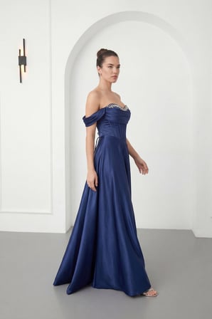 Kadın Lacivert Kayık Yaka Taşlı Uzun Söz Nişan Nikah Abiye Elbise