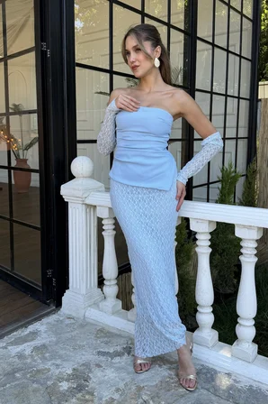 Kadın Bebe Mavi Straplez Yaka Dantel Detay Maxi Elbise
