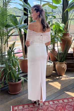 Kadın Beyaz Kayık Yaka Midi Söz Nişan Nikah Abiye Elbise