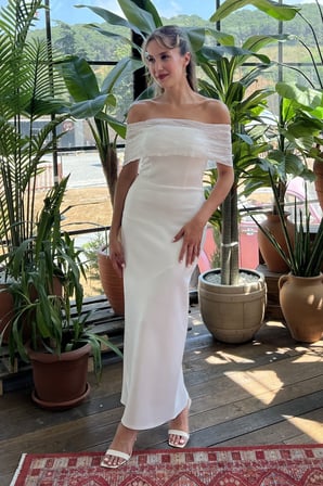 Kadın Beyaz Kayık Yaka Midi Söz Nişan Nikah Abiye Elbise