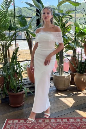 Kadın Beyaz Kayık Yaka Midi Söz Nişan Nikah Abiye Elbise