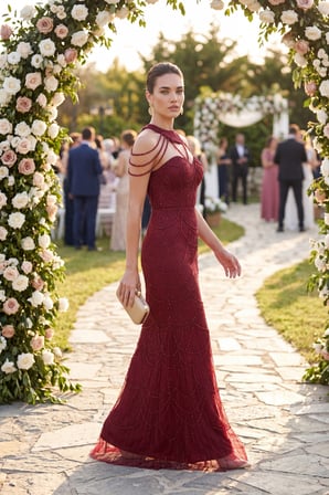 Kadın Bordo Yaka Detay Boncuklu Uzun Abiye Elbise