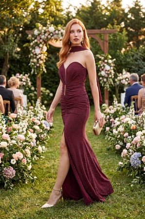 Kadın Bordo Straplez Yaka Aksesuar Detay Uzun Abiye Elbise