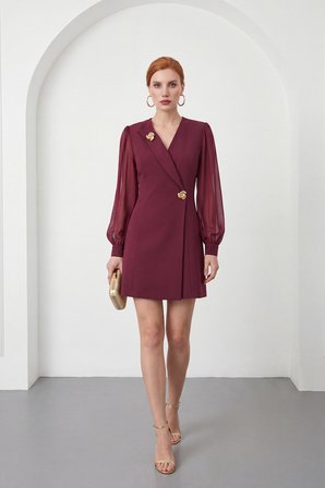 Kadın Bordo Kruvaze Yaka Uzun Kol Gold Detay Mini Davet Elbise