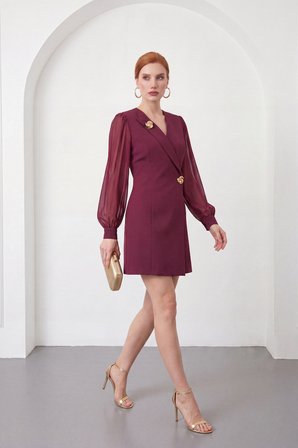 Kadın Bordo Kruvaze Yaka Uzun Kol Gold Detay Mini Davet Elbise
