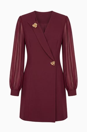 Kadın Bordo Kruvaze Yaka Uzun Kol Gold Detay Mini Davet Elbise