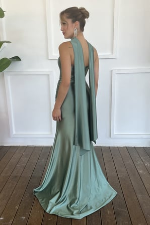 Kadın Mint Yeşili Şal Yaka Balen Korse Detay Uzun Örme Saten Abiye Elbise