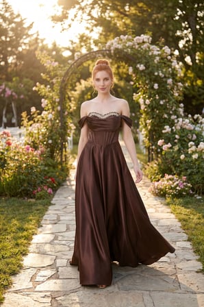 Kadın Kahverengi Kayık Yaka Taşlı Uzun Söz Nişan Nikah Abiye Elbise