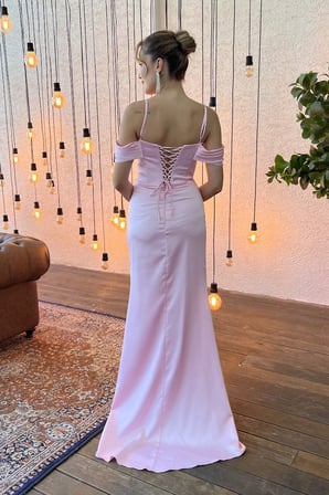 Kadın Pembe Askılı Drape Detay Uzun Saten Abiye Elbise