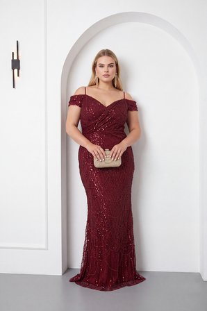 Kadın Bordo İnce Askılı Boncuklu Uzun Büyük Beden Abiye Elbise