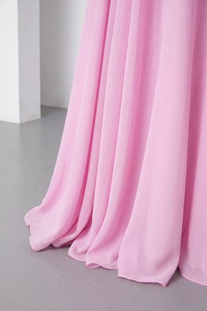 Kadın Pembe Kare Yaka Uzun Üst Saten Alt Şifon Abiye Elbise