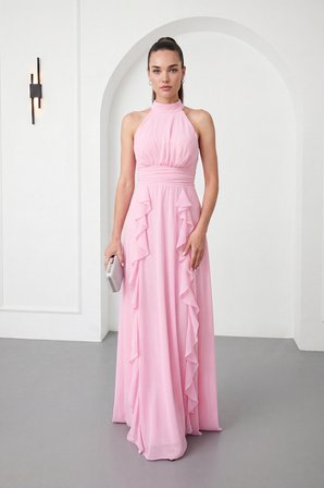 Kadın Pembe Halter Yaka Şifon Uzun Abiye Elbise