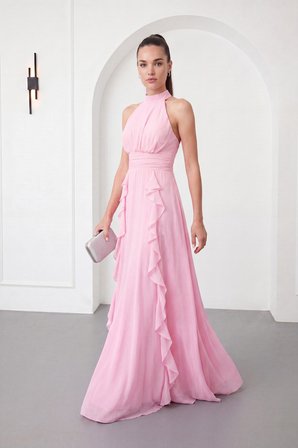 Kadın Pembe Halter Yaka Şifon Uzun Abiye Elbise