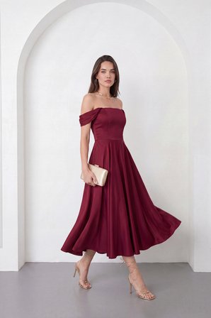 Kadın Bordo Kayık Yaka Saten Midi Söz Nişan Mezuniyet Abiye Elbise
