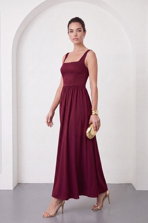 Kadın Bordo Kare Yaka Fiyonk Detay Maxi Davet Elbisesi
