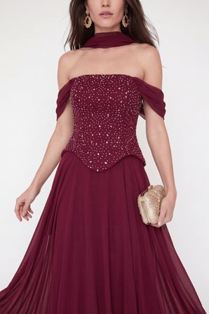 Kadın Bordo Şal Yaka Peplum Detay Uzun Şifon Abiye Elbise