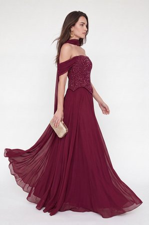 Kadın Bordo Şal Yaka Peplum Detay Uzun Şifon Abiye Elbise
