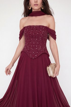 Kadın Bordo Şal Yaka Peplum Detay Uzun Şifon Abiye Elbise