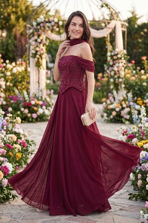 Kadın Bordo Şal Yaka Peplum Detay Uzun Şifon Abiye Elbise