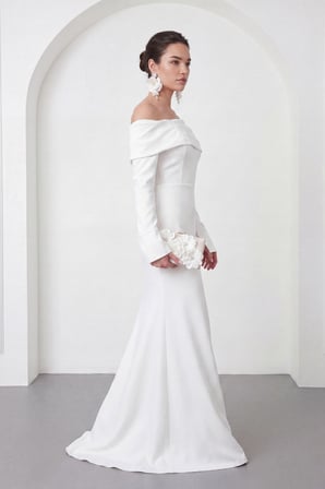 Kadın Beyaz Kayık Yaka Uzun Kol Söz Nişan Nikah Abiye Elbise