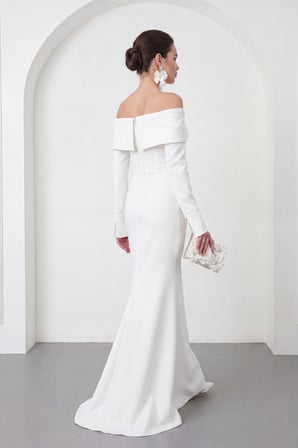 Kadın Beyaz Kayık Yaka Uzun Kol Söz Nişan Nikah Abiye Elbise