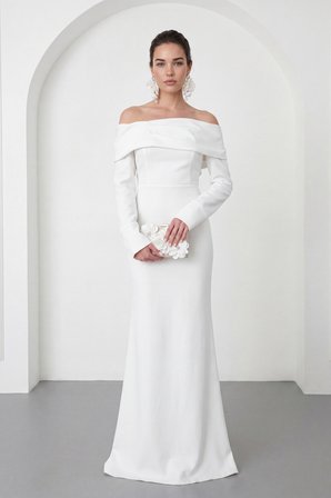 Kadın Beyaz Kayık Yaka Uzun Kol Söz Nişan Nikah Abiye Elbise