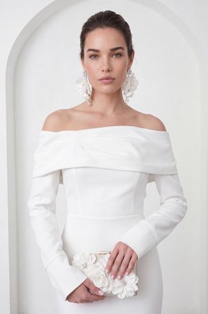 Kadın Beyaz Kayık Yaka Uzun Kol Söz Nişan Nikah Abiye Elbise