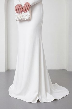 Kadın Beyaz Kayık Yaka Uzun Kol Söz Nişan Nikah Abiye Elbise
