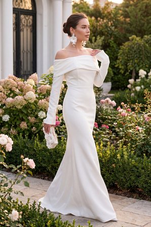 Kadın Beyaz Kayık Yaka Uzun Kol Söz Nişan Nikah Abiye Elbise