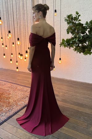 Kadın Bordo Kayık Yaka Taş Detay Uzun Örme Abiye Elbise