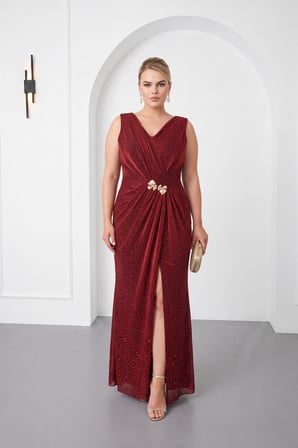 Kadın Bordo V Yaka Gold Aksesuar Detay Uzun Büyük Beden Abiye Elbise