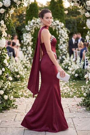 Kadın Bordo Dar Kalıp Straplez Taşlı Uzun Saten Abiye Elbise